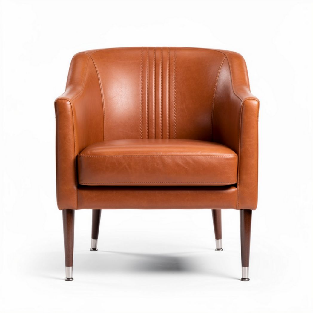 Sessel aus braunem Leder mit eleganter Steppung und Holzbeinen 80 x 75 x 70cm